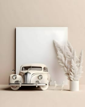 A white blank sheet of paper, a white car model, and white twigs create a minimalist and stylish composition.