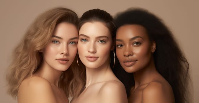 Beauty portrait of three multiethnic diverse young women with clean healthy skin, beautiful lovely female models posing together on studio background