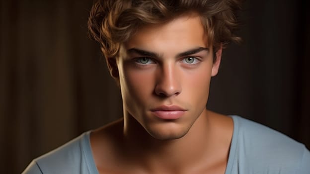 Portrait of handsome caucasian young man looking at camera posing on black studio background