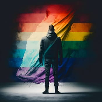 Silhouette of a man against a rainbow LGBT flag.