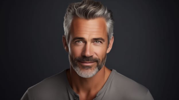 Portrait of handsome bearded caucasian mature man looking at camera posing on black studio background