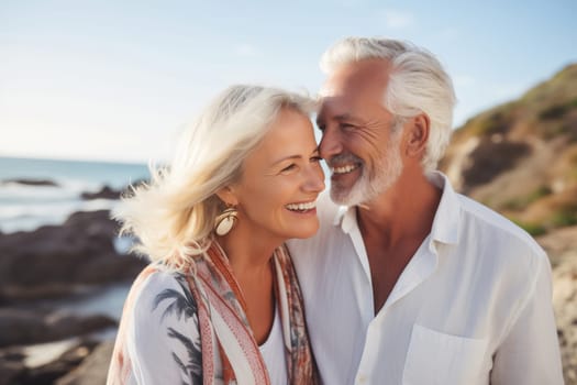 Summer portrait of happy smiling mature gray-haired couple standing together on sunny coast, woman and man enjoying beach vacation at sea