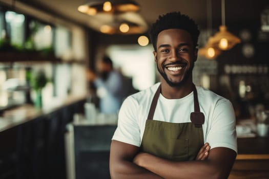 Portrait of happy smiling African man barista, coffee house or cafe worker, young waiter working in coffee shop, looking at camera