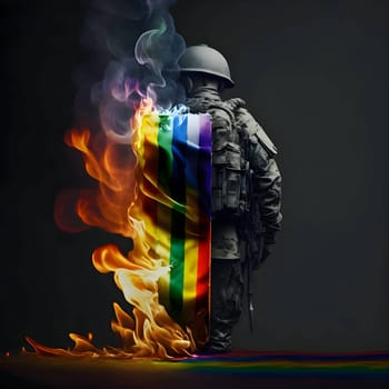 A soldier carrying an LGBT flag with determination and pride, symbolizing the effort of marginalized individuals striving for their rights