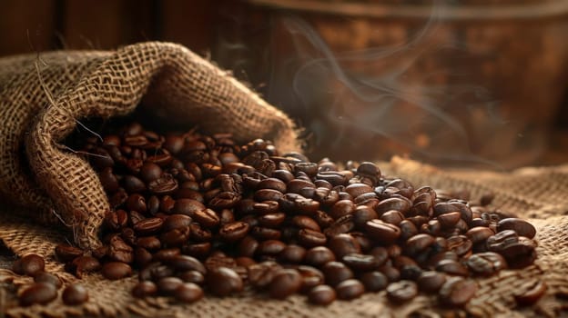 A pile of coffee beans on the table, Texture of roasted coffee beans.