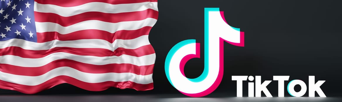 Leipzig, Germany - 15-05-2024: vibrant 3D rendering of the Tik Tok logo and American flag, symbolizing the platforms influence and presence in the USA. Tiktok ban. Panoramic banner. 3D