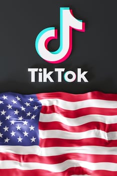 Leipzig, Germany - 15-05-2024: vibrant 3D rendering of the Tik Tok logo and American flag, symbolizing the platforms influence and presence in the USA. Tiktok ban. Vertical format. 3D