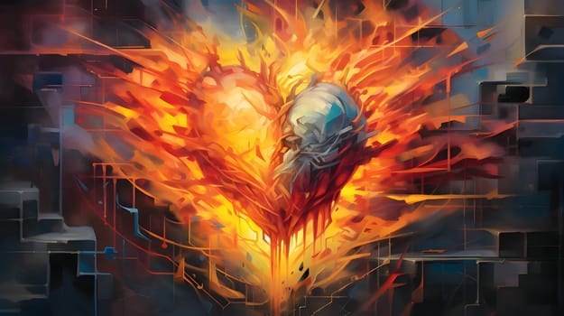 Illustration: A large fiery flaming heart stands out against a dark blue background.