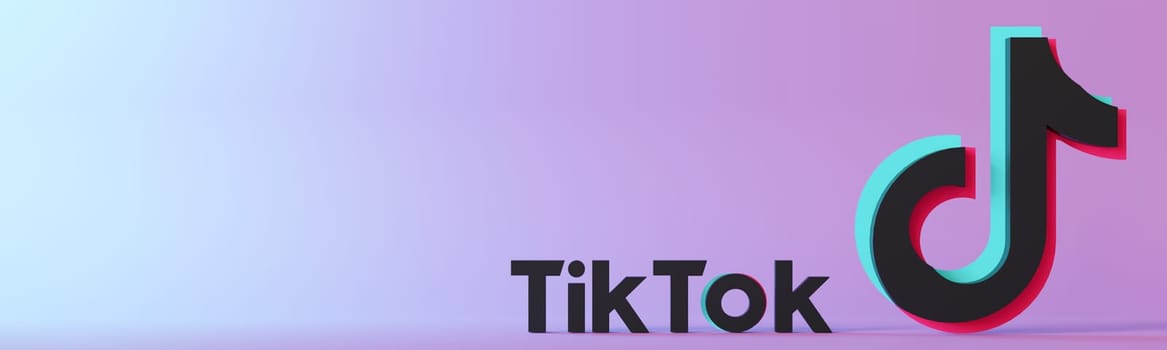 Leipzig, Germany - 15-05-2024: vibrant 3D rendering of the Tik Tok logo on gradient background, perfect for social media themes and digital marketing content with ample copy space. Tiktok. Banner. 3D