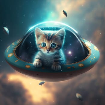 Cute fluffy kitten driving UFO in space. Funny cat rides sci-fi spacecraft or alien spaceship. Generated AI