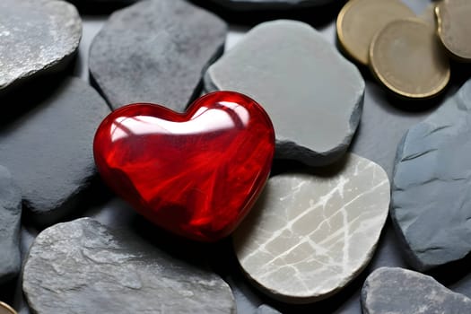 A background featuring a red heart surrounded by stones and coins, symbolizing the value and preciousness of love.