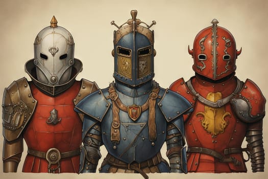 Mystic knight portraits in metal armor. Occult scary knights in medieval alchemy art style