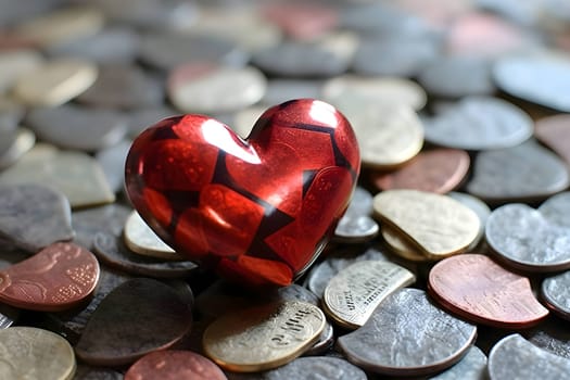 A background filled with shimmering coins surrounding a 3D red heart, symbolizing wealth and prosperity.