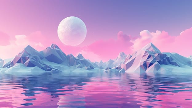 Pink landscape with moon over polygonal mountains. Calm surreal backround. Generated AI