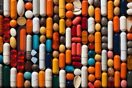 Background with pills and capsules ordered in rows or pattern. Medical drug or dietary supplement concept. Generated AI