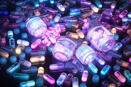 Background with pills and capsules in neon blue and purple colors. Medical drug or dietary supplement concept. Generated AI