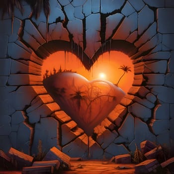 A heart-shaped hole in a wall, revealing a picturesque sunset beyond, representing love and the beauty it brings into our lives.