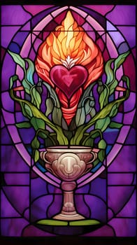 Logo concept: A beautifully crafted stained glass depiction of a church chalice intertwined with a heart, symbolizing the union of faith and love.