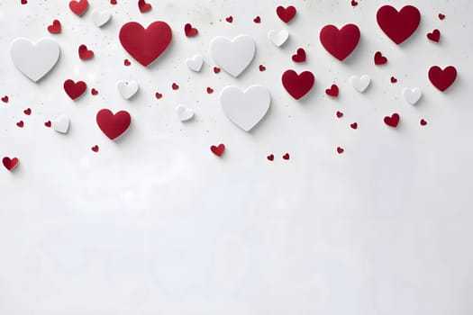 White and red hearts on a blank light card, banner with space for your own content. Heart as a symbol of affection and love. The time of falling in love and love.