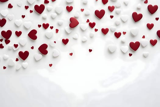 White and red hearts on a blank light card, banner with space for your own content. Heart as a symbol of affection and love. The time of falling in love and love.