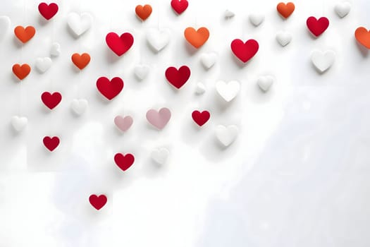 White and red hearts on a blank light card, banner with space for your own content. Heart as a symbol of affection and love. The time of falling in love and love.