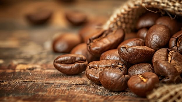 A pile of coffee beans on a wooden surface.