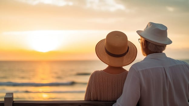Silhouette happy senior couple looking enjoying beach sunset landscape together, elderly woman and man on sunny coast, summer vacation at sea