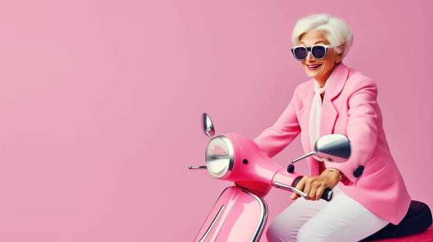 Cheerful happy senior woman riding pink scooter, stylish elderly female driver driving moped enjoying summer vacation, road trip