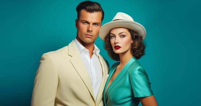 Portrait of beautiful elegant stylish woman and man in retro style, American couple together posing on turquoise background