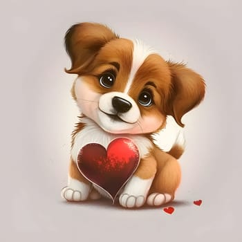 Illustration of a tiny, dog with a heart, light background. Heart as a symbol of affection and love. The time of falling in love and love.