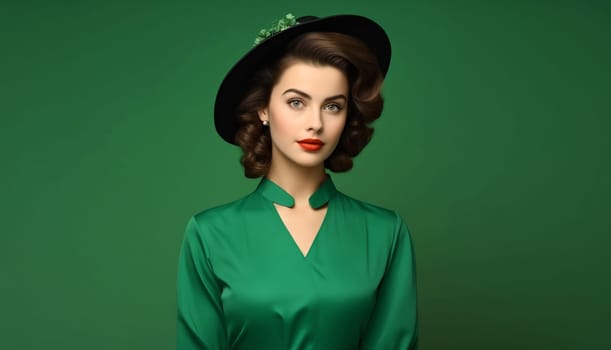 Portrait of beautiful elegant stylish woman in round hat, lady in retro style posing on green background