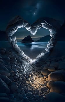 A heart laid with round stones on the shore of a lake at night. Heart as a symbol of affection and love. The time of falling in love and love.