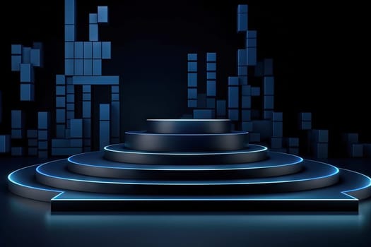 Dark blue pedestal in black room with geometric shapes. Podium for product showcase. Generated AI