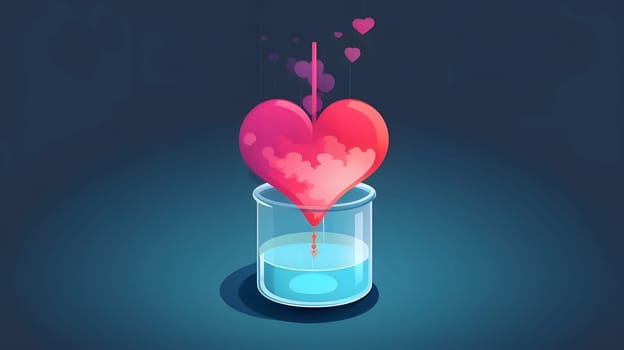 Tiny red heart in a glass of water dark background. Heart as a symbol of affection and love. The time of falling in love and love.