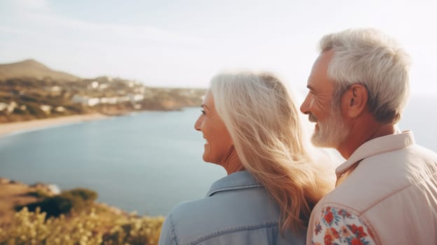 Summer portrait of happy smiling senior gray-haired couple standing together on sunny coast, woman and man enjoying landscape, beach vacation at sea