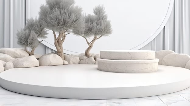 Abstract ancient pedestal in minimalistic room. Interior with sone podium. Generated AI