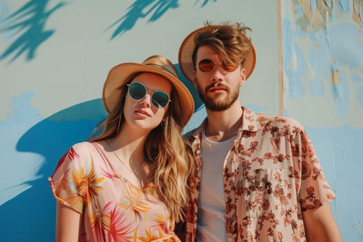 Portrait of modern woman and man in summer hats together, beautiful young couple posing against the wall