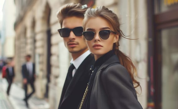 Fashionable portrait of stylish beautiful woman and man in suit, modern young couple in glasses posing together on city street