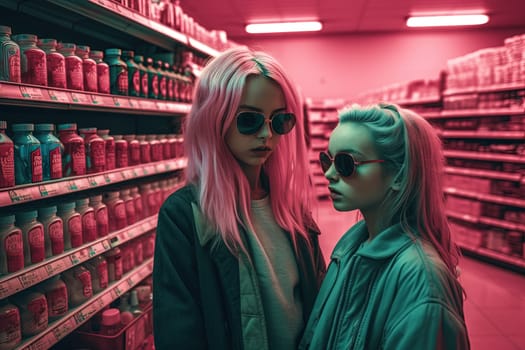 Family of mother and daughter looking cool in 80s styled synthwave store. People in supermarket. Generated AI