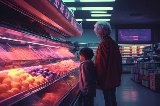 Grandmother and grandson looking cool in 80s styled synthwave store. People in supermarket. Generated AI