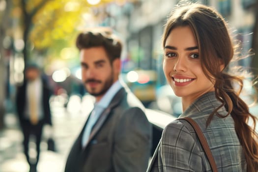 Portrait of beautiful happy smiling young woman and man in business suit, couple coworkers together on city street