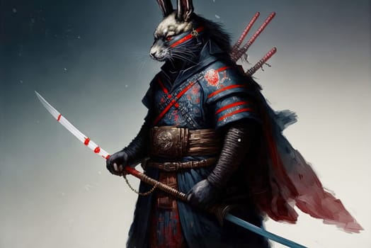Rabbit samurai in traditional drawing style. Japanese styled art with hare warrior in kimono. Generated AI