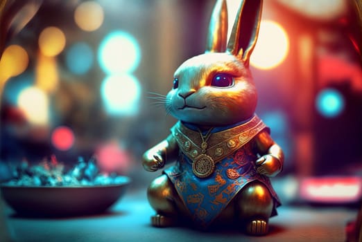 Rabbit samurai golden mini-figure. Japanese styled figure of meditating hare in kimono. Generated AI