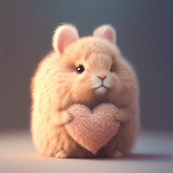 Cute fluffy rabbit hugging red heart. Valentine's Day greetings from romantic bunny holding heart. Generative AI