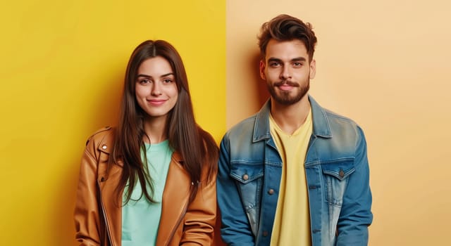 Portrait of stylish beautiful happy woman and man, modern young couple posing together on colorful studio background