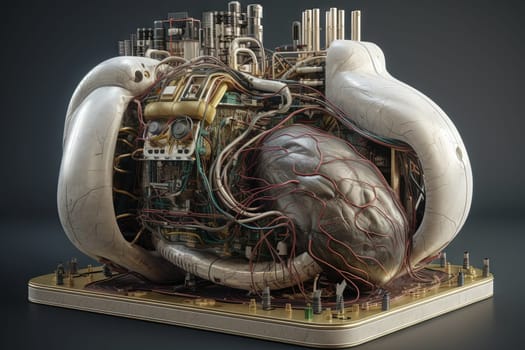 Technological heart concept for healthcare or digital motor idea. Generated AI