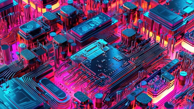 Motherboard with chips and connections in purple and blue neon lights. Technology background with microchips on hardware circuitboard. Generated AI