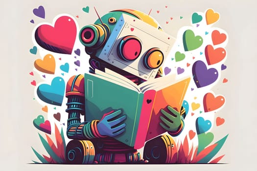 Illustration of a colorful robot reading a book around colorful hearts. Heart as a symbol of affection and love. The time of falling in love and love.