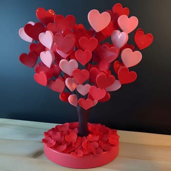 Home small tree with hearts as leaves wooden table top. Heart as a symbol of affection and love. The time of falling in love and love.