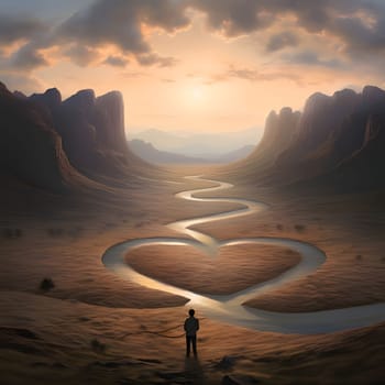 Silhouette of a man in the middle of a desert mountainous land, a river, a stream forming a heart. Heart as a symbol of affection and love. The time of falling in love and love.